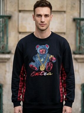 Men's Black Pullover Sweatshirt with Teddy Graphic